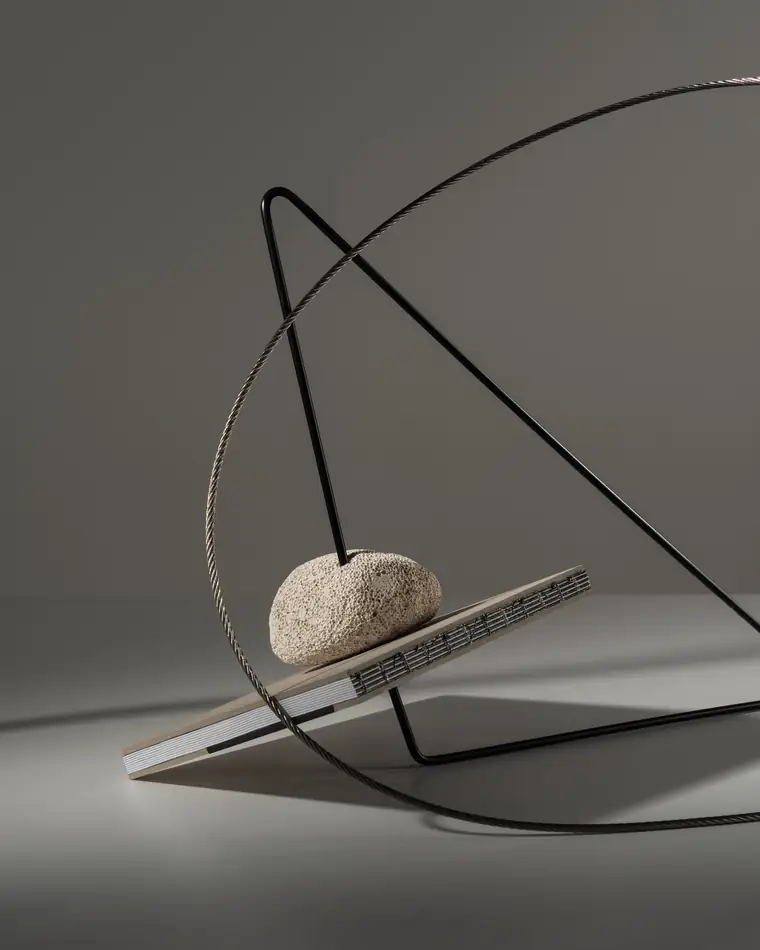 A notebook balanced on a wire ring holding a pumice stone.