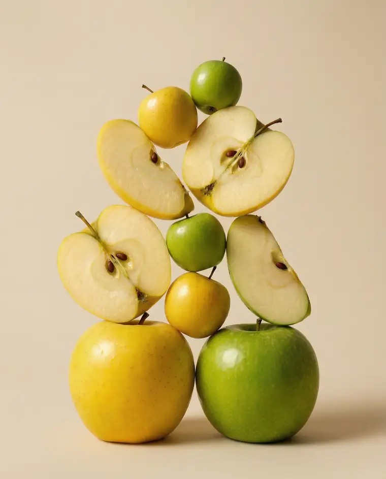 Vinegar bottle in a yellow string bag full of apples.