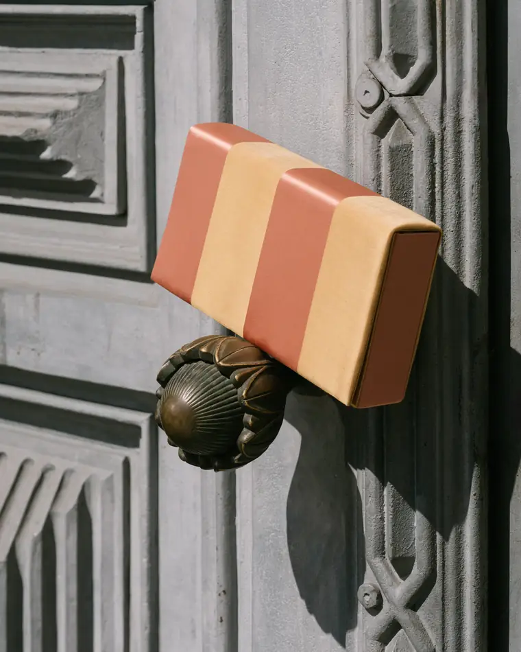 Striped clutch resting on a weathered stone step in raking light.